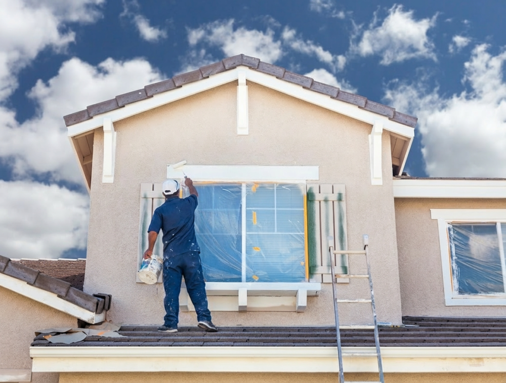 Professional painter painting the exterior wall of a residential home in Newcastle